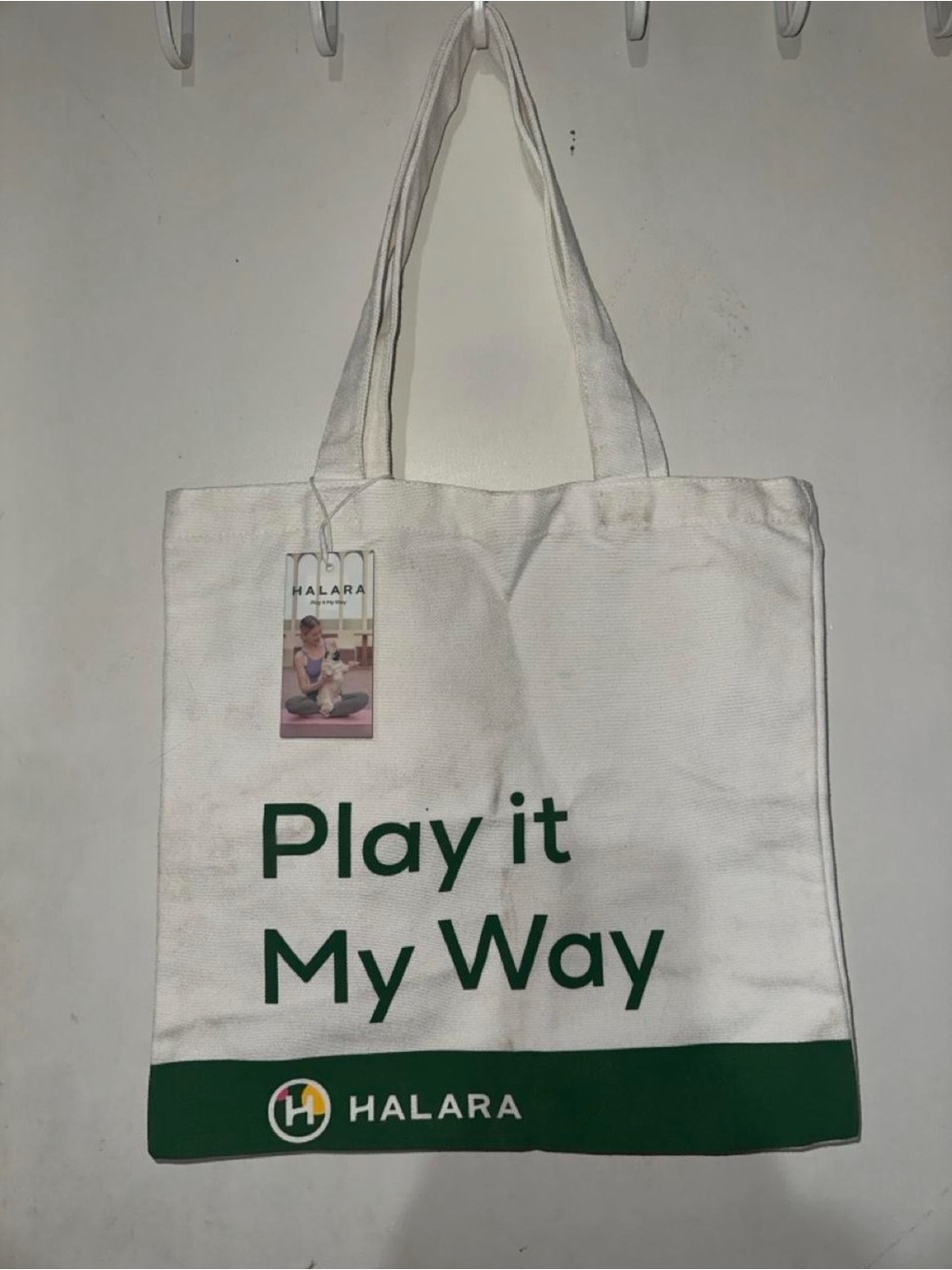 HALARA White & Green Canvas Tote with 'Play it My Way' Print